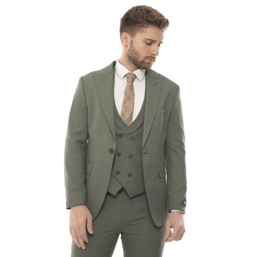 Mens Green Suit w/ Double Breasted Vest, Derman Suits